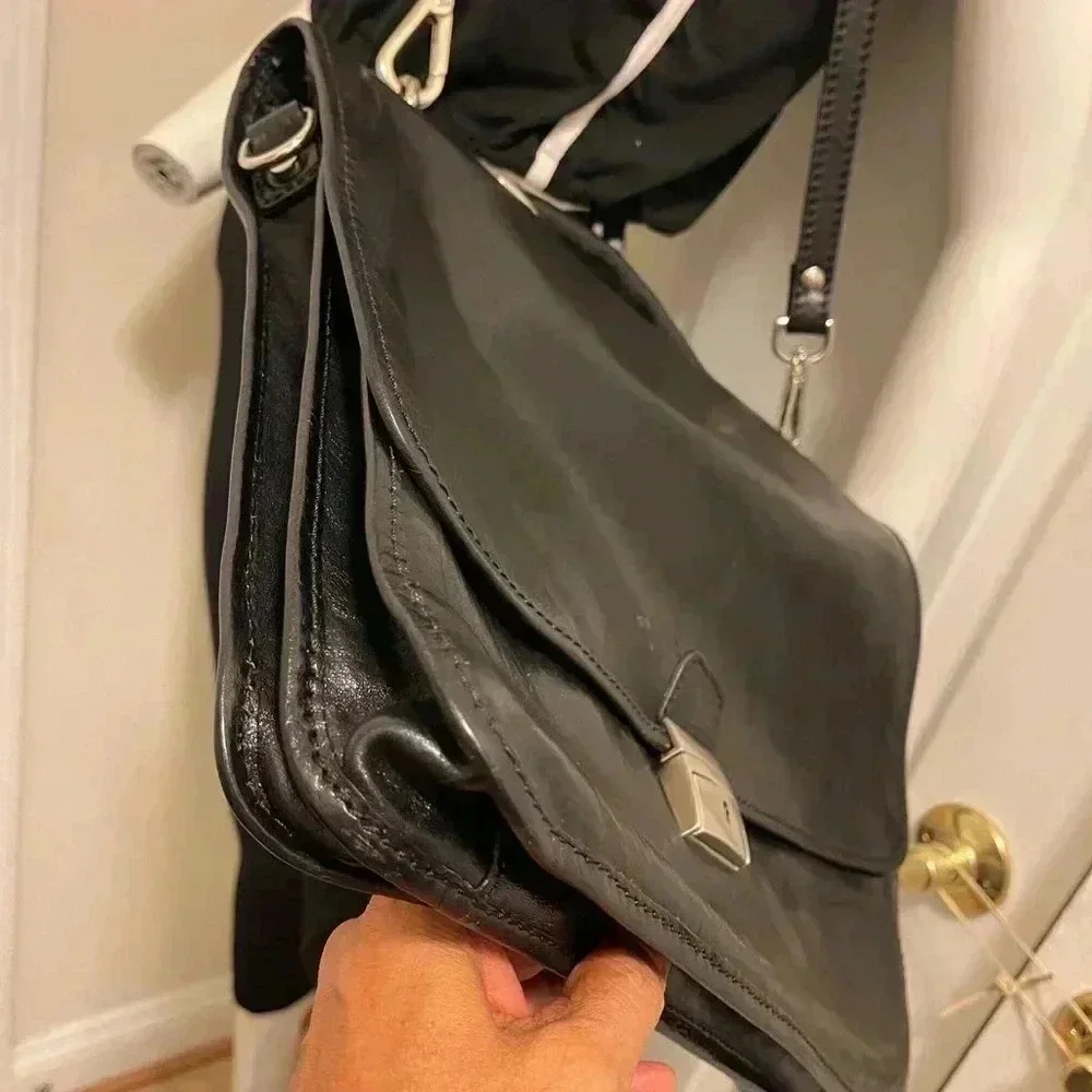 Vintage Hebella black Italian Leather gold Clasp Front Across Body laptop bag
